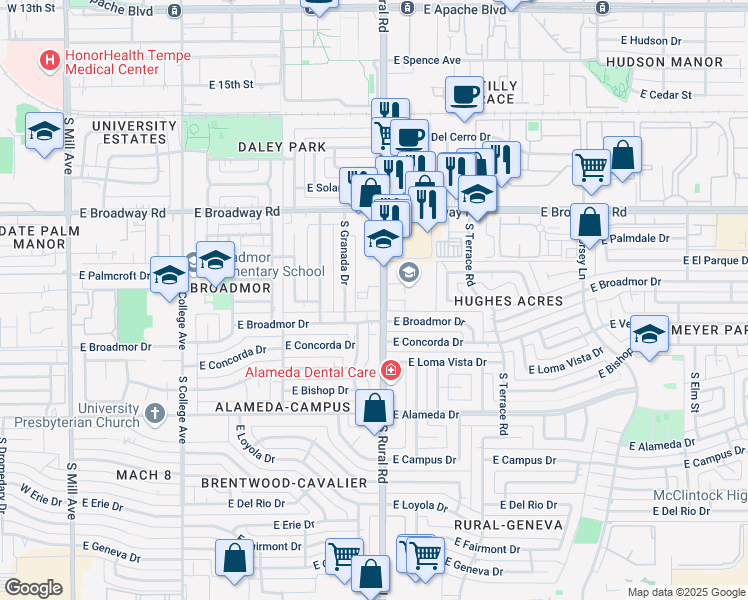 map of restaurants, bars, coffee shops, grocery stores, and more near 810 East Redondo Drive in Tempe