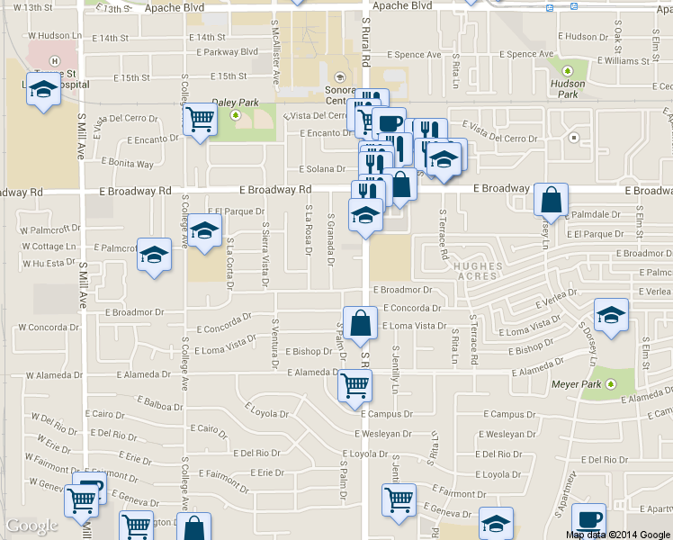 map of restaurants, bars, coffee shops, grocery stores, and more near 810 East Redondo Drive in Tempe