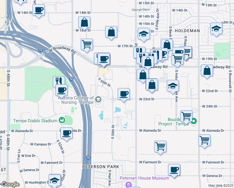 map of restaurants, bars, coffee shops, grocery stores, and more near 1540 - 1560 West Fountainhead Parkway in Tempe