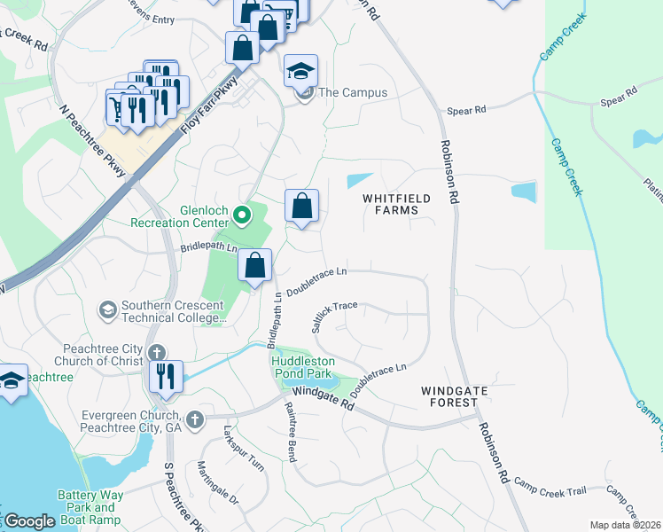 map of restaurants, bars, coffee shops, grocery stores, and more near 201 Doubletrace Lane in Peachtree City