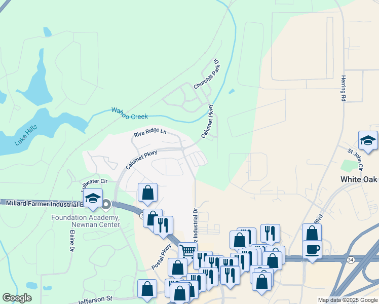 map of restaurants, bars, coffee shops, grocery stores, and more near 150 Brentwood Drive in Newnan