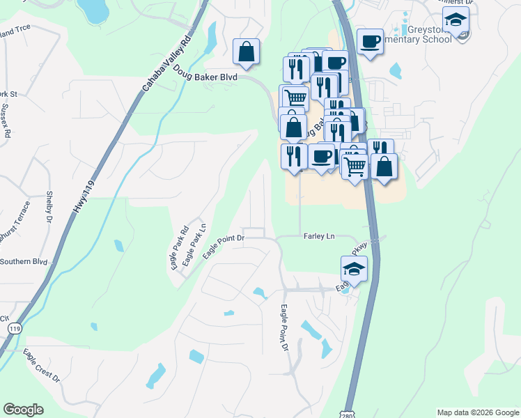 map of restaurants, bars, coffee shops, grocery stores, and more near 650 Talon Trce in Birmingham