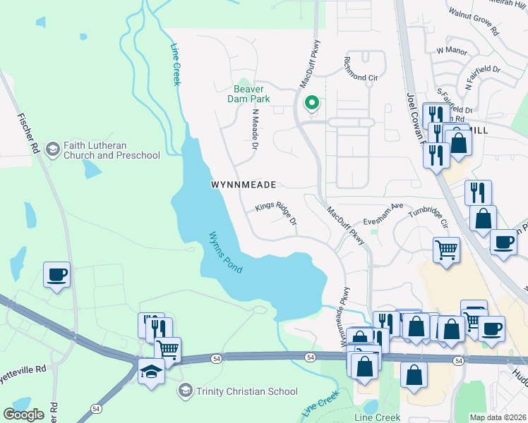 map of restaurants, bars, coffee shops, grocery stores, and more near 120 Kings Ridge Drive in Peachtree City