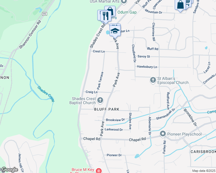 map of restaurants, bars, coffee shops, grocery stores, and more near 517 Park Terrace in Birmingham