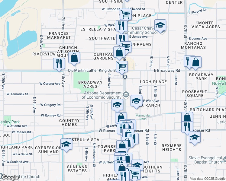 map of restaurants, bars, coffee shops, grocery stores, and more near 34 West Tamarisk Street in Phoenix