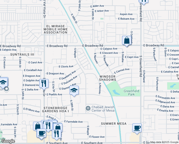 map of restaurants, bars, coffee shops, grocery stores, and more near 441 South Maple in Mesa