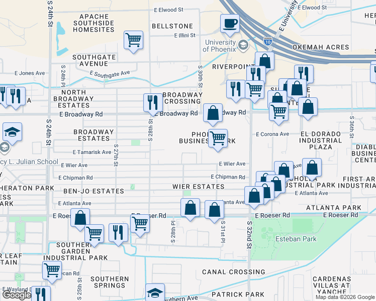 map of restaurants, bars, coffee shops, grocery stores, and more near 2908 East Levi Drive in Phoenix