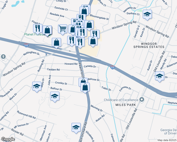 map of restaurants, bars, coffee shops, grocery stores, and more near 2013 Denmark Drive in Augusta