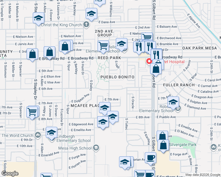 map of restaurants, bars, coffee shops, grocery stores, and more near 1703 East Elton Avenue in Mesa
