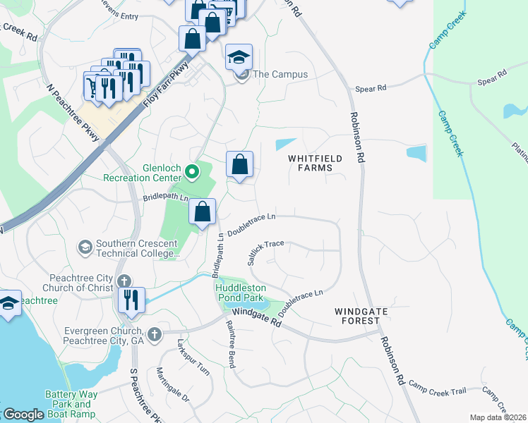 map of restaurants, bars, coffee shops, grocery stores, and more near 201 Doubletrace Lane in Peachtree City