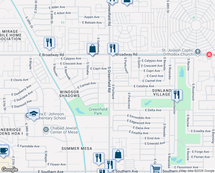 map of restaurants, bars, coffee shops, grocery stores, and more near 4364 East Carmel Circle in Mesa