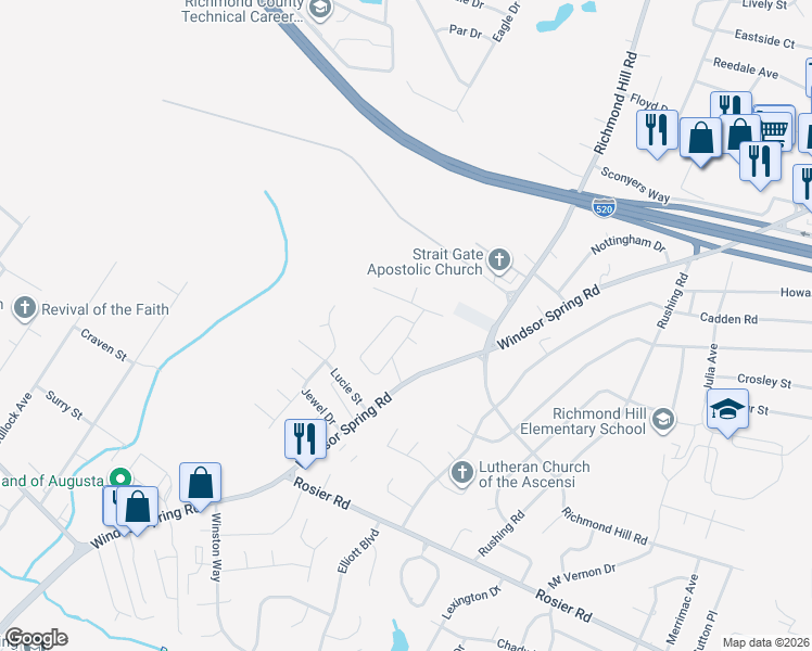 map of restaurants, bars, coffee shops, grocery stores, and more near 2358 Rutherford Avenue in Augusta