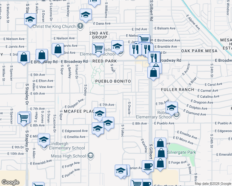 map of restaurants, bars, coffee shops, grocery stores, and more near 539 South Williams in Mesa