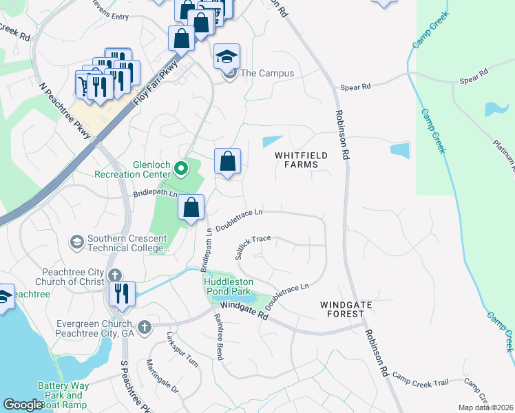 map of restaurants, bars, coffee shops, grocery stores, and more near 203 Doubletrace Lane in Peachtree City