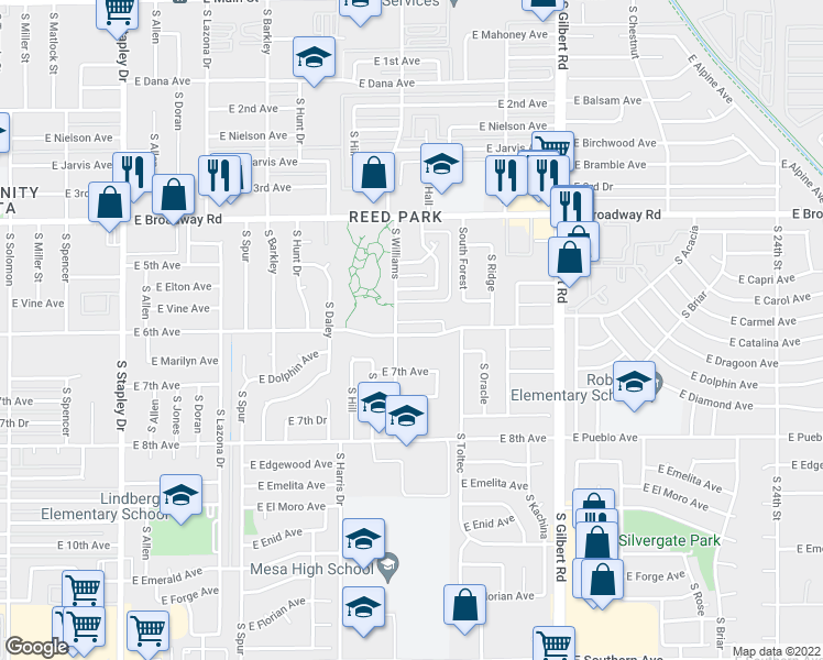 map of restaurants, bars, coffee shops, grocery stores, and more near 1720 East 6th Avenue in Mesa