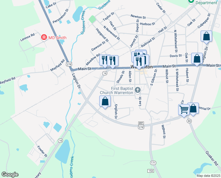 map of restaurants, bars, coffee shops, grocery stores, and more near 86 Brinkley Street in Warrenton