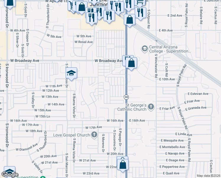 map of restaurants, bars, coffee shops, grocery stores, and more near 1000 South Idaho Road in Apache Junction