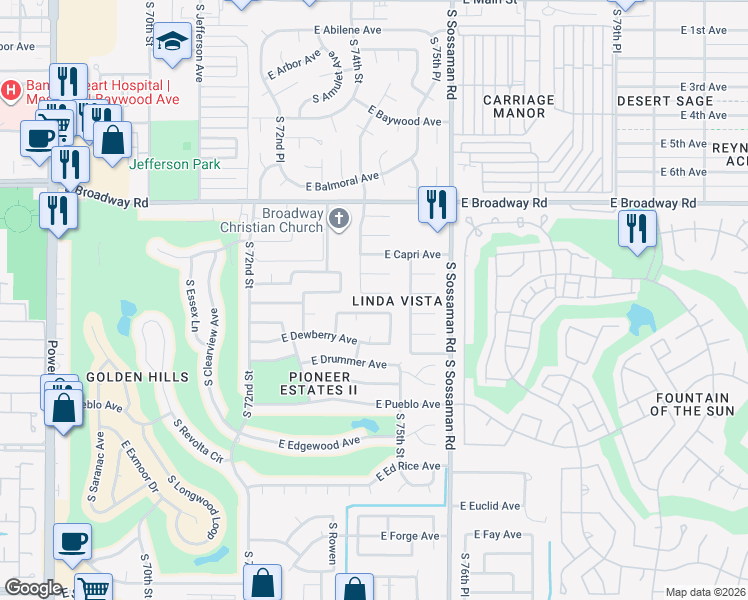 map of restaurants, bars, coffee shops, grocery stores, and more near 7447 East Carol Circle in Mesa