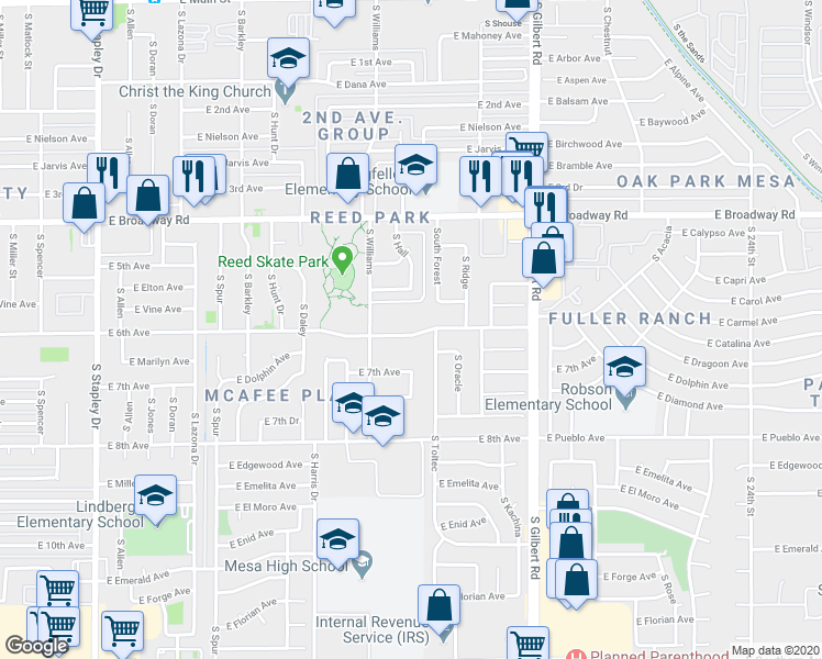 map of restaurants, bars, coffee shops, grocery stores, and more near 539 South Williams in Mesa
