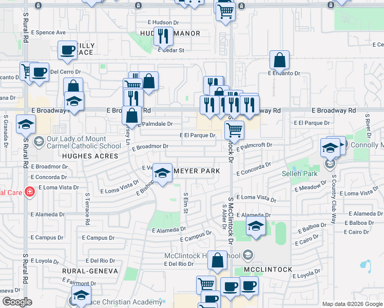 map of restaurants, bars, coffee shops, grocery stores, and more near 1638 East Broadmor Drive in Tempe