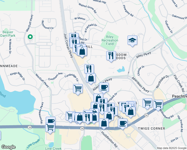 map of restaurants, bars, coffee shops, grocery stores, and more near 2004 Commerce Drive North in Peachtree City