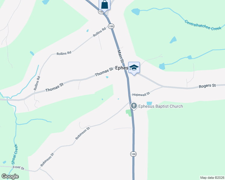 map of restaurants, bars, coffee shops, grocery stores, and more near 24391 Georgia 100 in Roopville