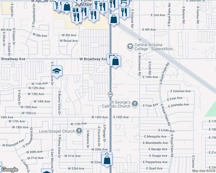 map of restaurants, bars, coffee shops, grocery stores, and more near 1155 South Idaho Road in Apache Junction