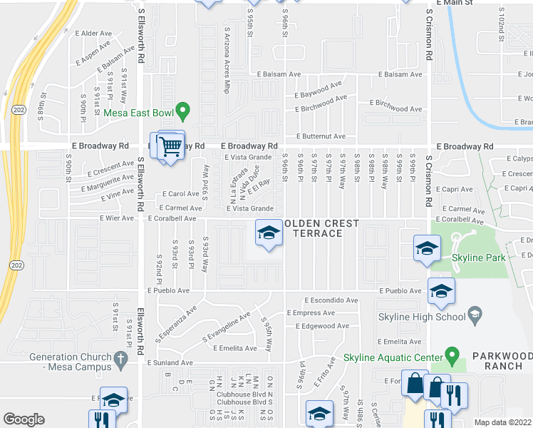 map of restaurants, bars, coffee shops, grocery stores, and more near 9327-9329 South Cielo Grande Mobile Home Park in Mesa