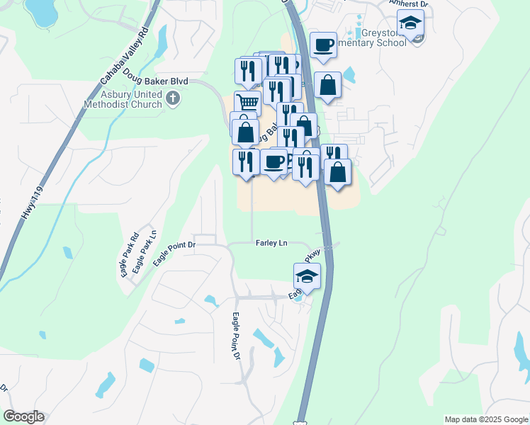 map of restaurants, bars, coffee shops, grocery stores, and more near 6220 Farley Court in Birmingham