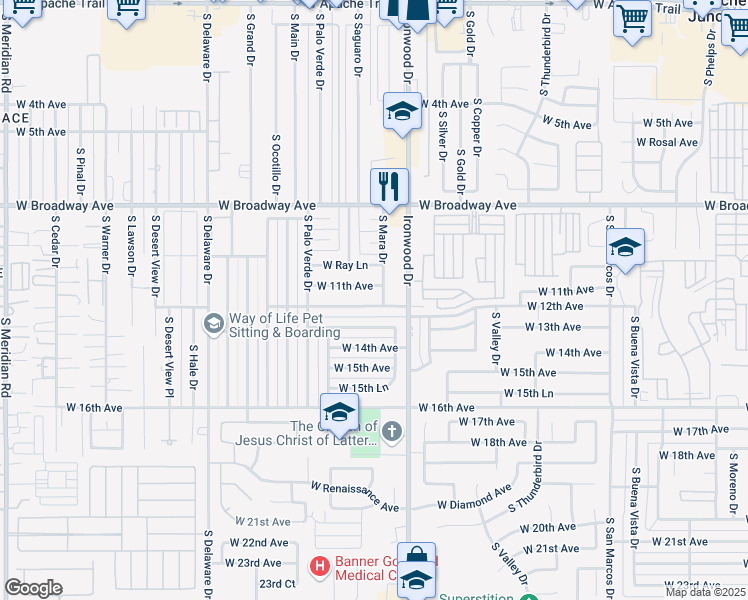 map of restaurants, bars, coffee shops, grocery stores, and more near 1776 West 11th Avenue in Apache Junction