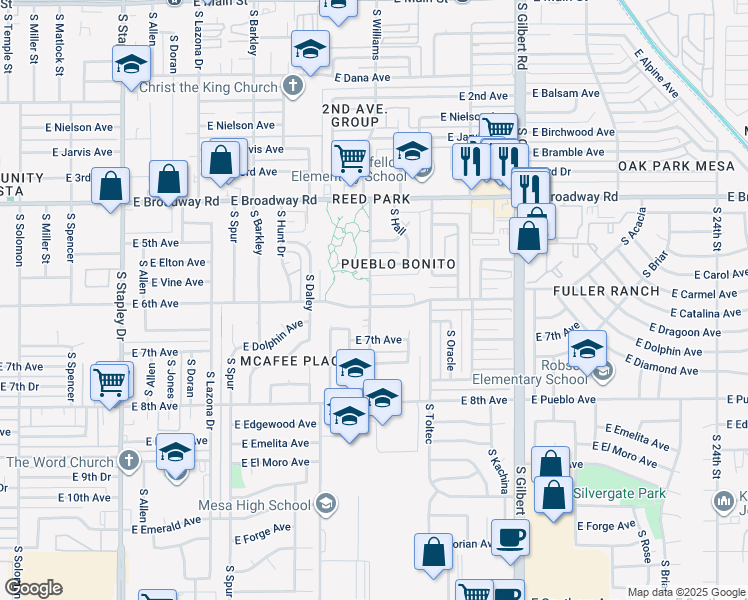 map of restaurants, bars, coffee shops, grocery stores, and more near 1702 East 6th Avenue in Mesa