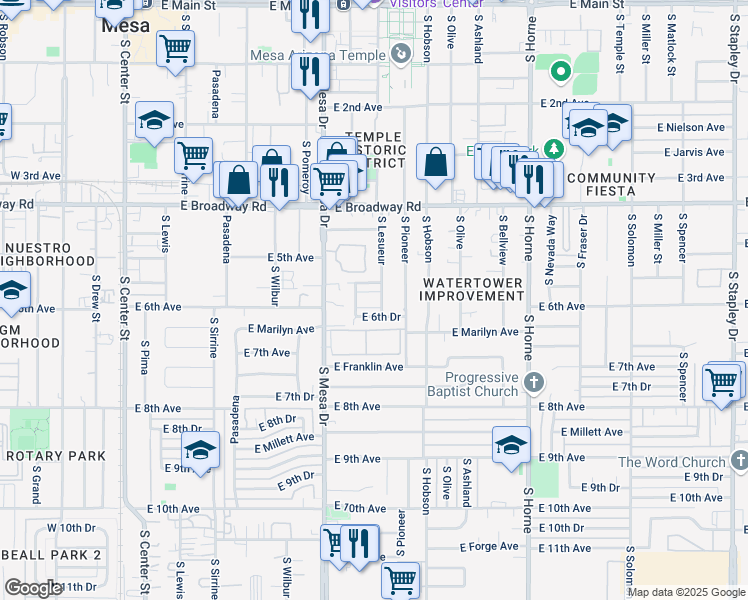 map of restaurants, bars, coffee shops, grocery stores, and more near 463 East Vine Avenue in Mesa