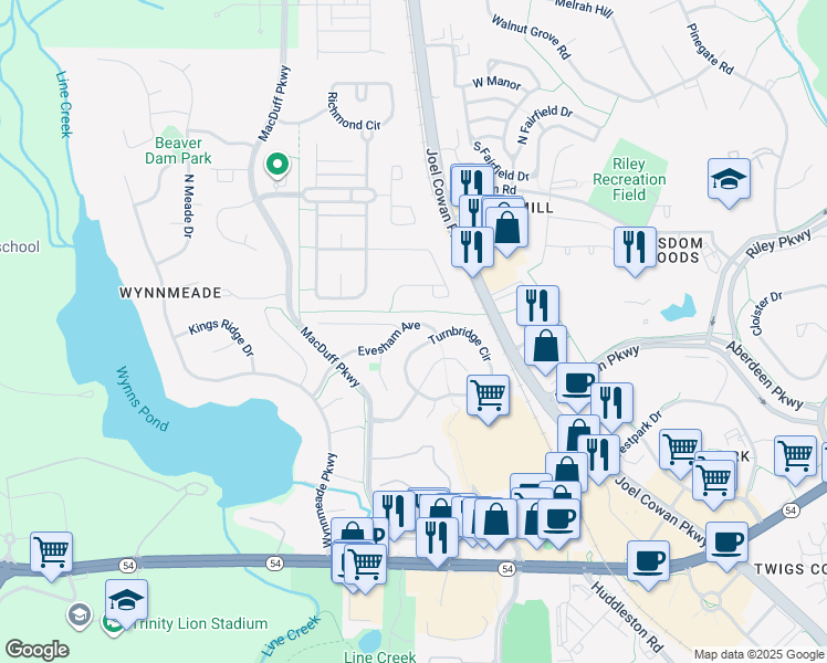 map of restaurants, bars, coffee shops, grocery stores, and more near 324 Evesham Avenue in Peachtree City