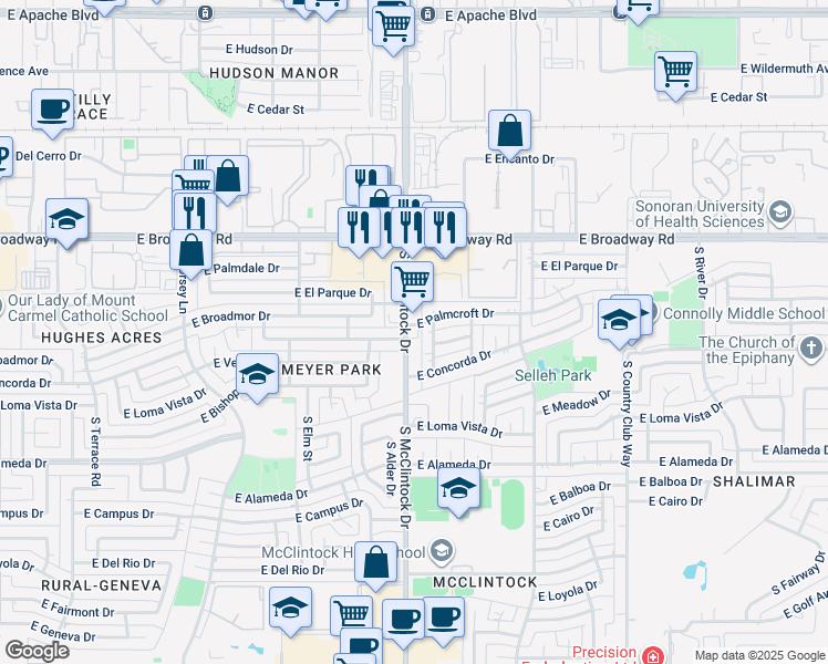 map of restaurants, bars, coffee shops, grocery stores, and more near in Tempe
