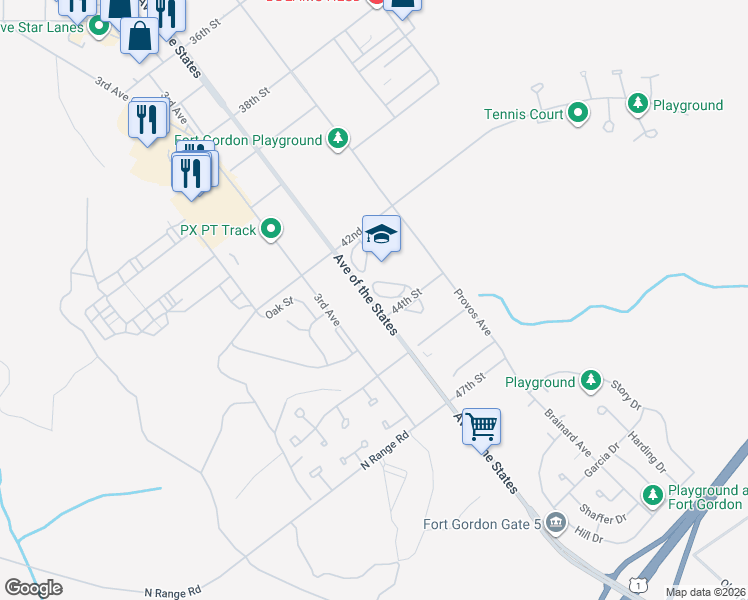 map of restaurants, bars, coffee shops, grocery stores, and more near 49300 Avenue of the States in Augusta
