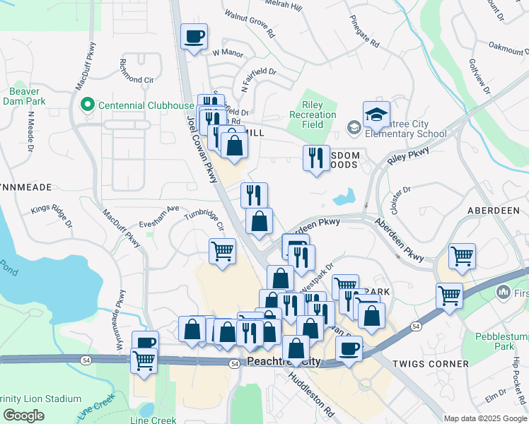 map of restaurants, bars, coffee shops, grocery stores, and more near 2004 Commerce Dr N in Peachtree City