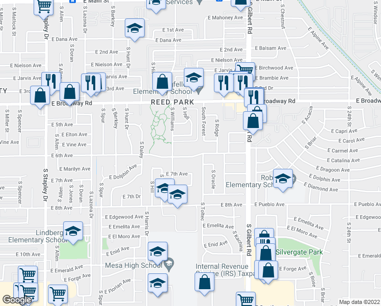map of restaurants, bars, coffee shops, grocery stores, and more near 1752 East 6th Avenue in Mesa