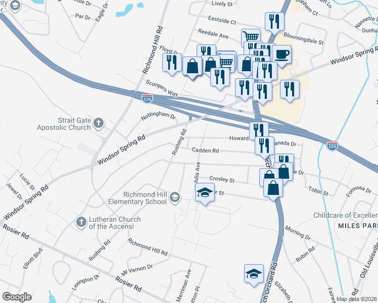 map of restaurants, bars, coffee shops, grocery stores, and more near 3107 Julia Avenue in Augusta