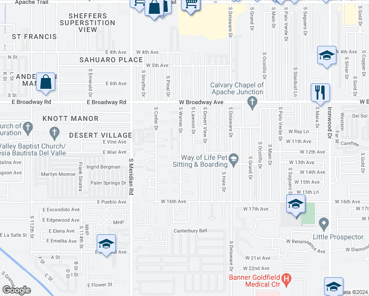 map of restaurants, bars, coffee shops, grocery stores, and more near 1185 South Warner Drive in Apache Junction