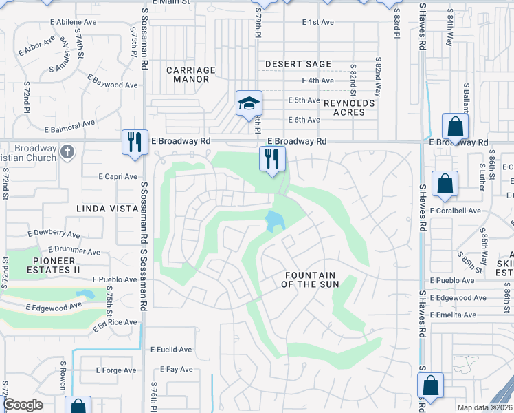 map of restaurants, bars, coffee shops, grocery stores, and more near 7946 East Fountain Cove in Mesa