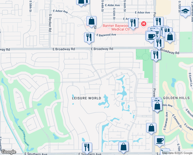 map of restaurants, bars, coffee shops, grocery stores, and more near 1735 Leisure World in Mesa