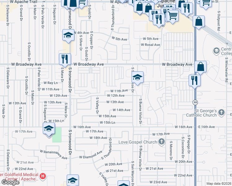 map of restaurants, bars, coffee shops, grocery stores, and more near 972 West 11th Avenue in Apache Junction