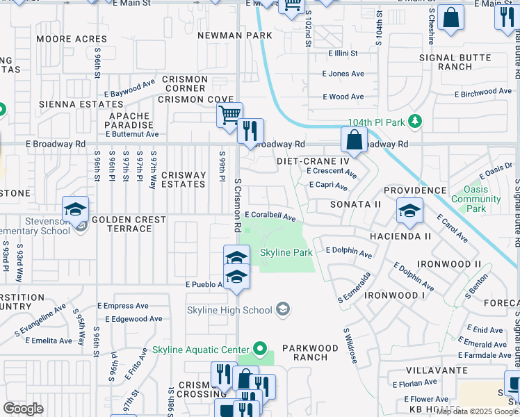 map of restaurants, bars, coffee shops, grocery stores, and more near 10054 East Carmel Avenue in Mesa