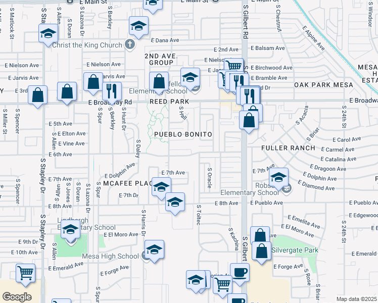 map of restaurants, bars, coffee shops, grocery stores, and more near 539 South Williams in Mesa