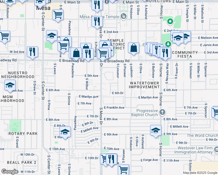 map of restaurants, bars, coffee shops, grocery stores, and more near 528 South Udall in Mesa