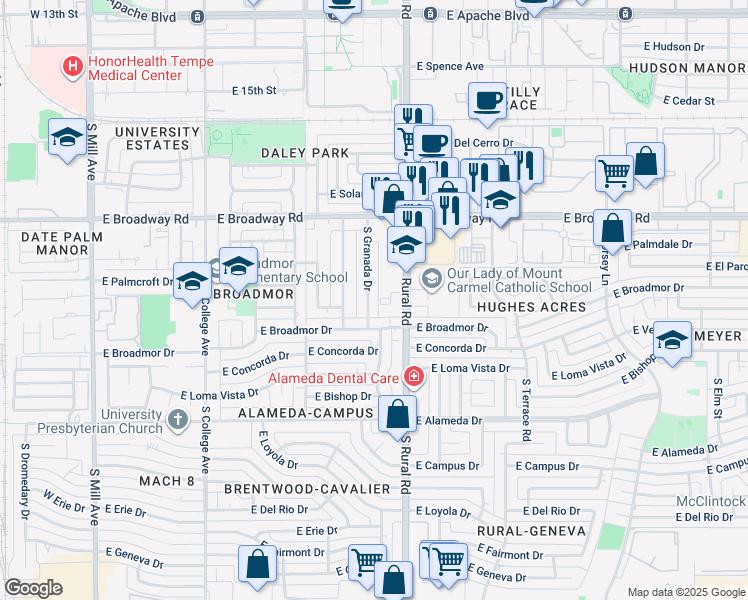 map of restaurants, bars, coffee shops, grocery stores, and more near 810 East Redondo Drive in Tempe