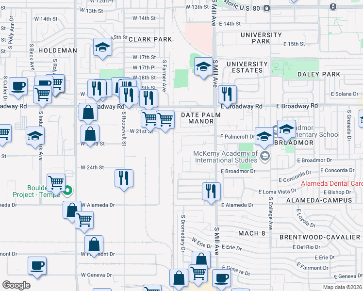 map of restaurants, bars, coffee shops, grocery stores, and more near 2148 South Huesta Drive in Tempe