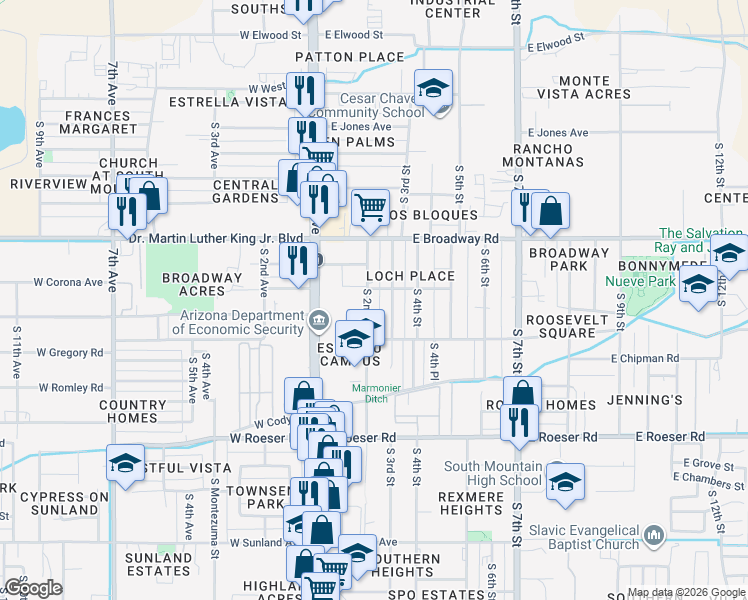 map of restaurants, bars, coffee shops, grocery stores, and more near 4445 South 2nd Street in Phoenix