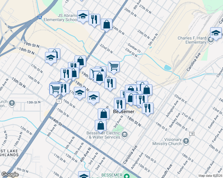 map of restaurants, bars, coffee shops, grocery stores, and more near in Bessemer