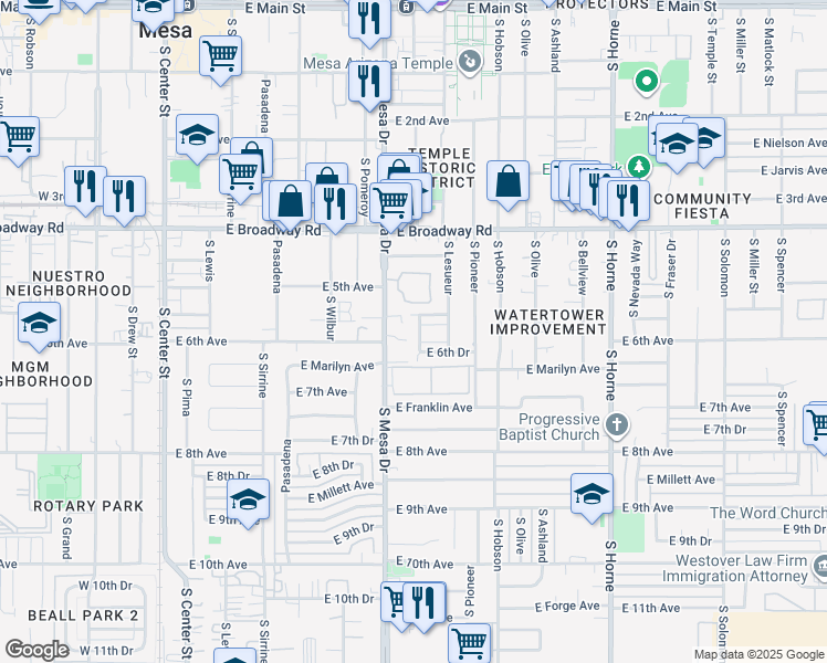 map of restaurants, bars, coffee shops, grocery stores, and more near 528 South Udall in Mesa